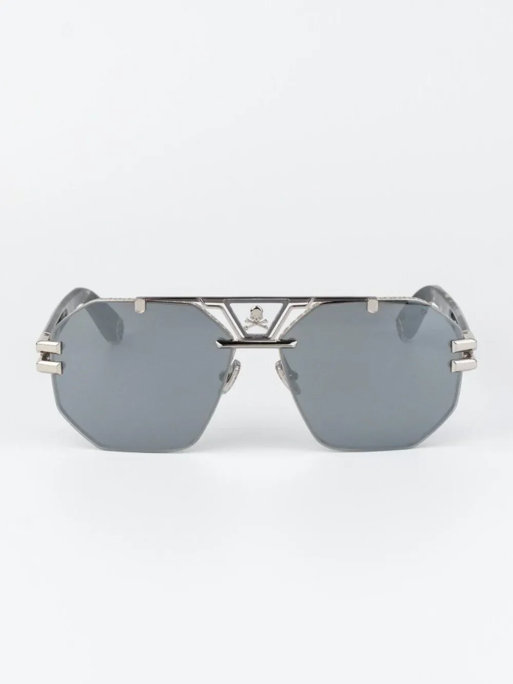 Philipp Plein Men Sunglasses Palladium Smoke Silver Mirror Pilot SPP077V 523X